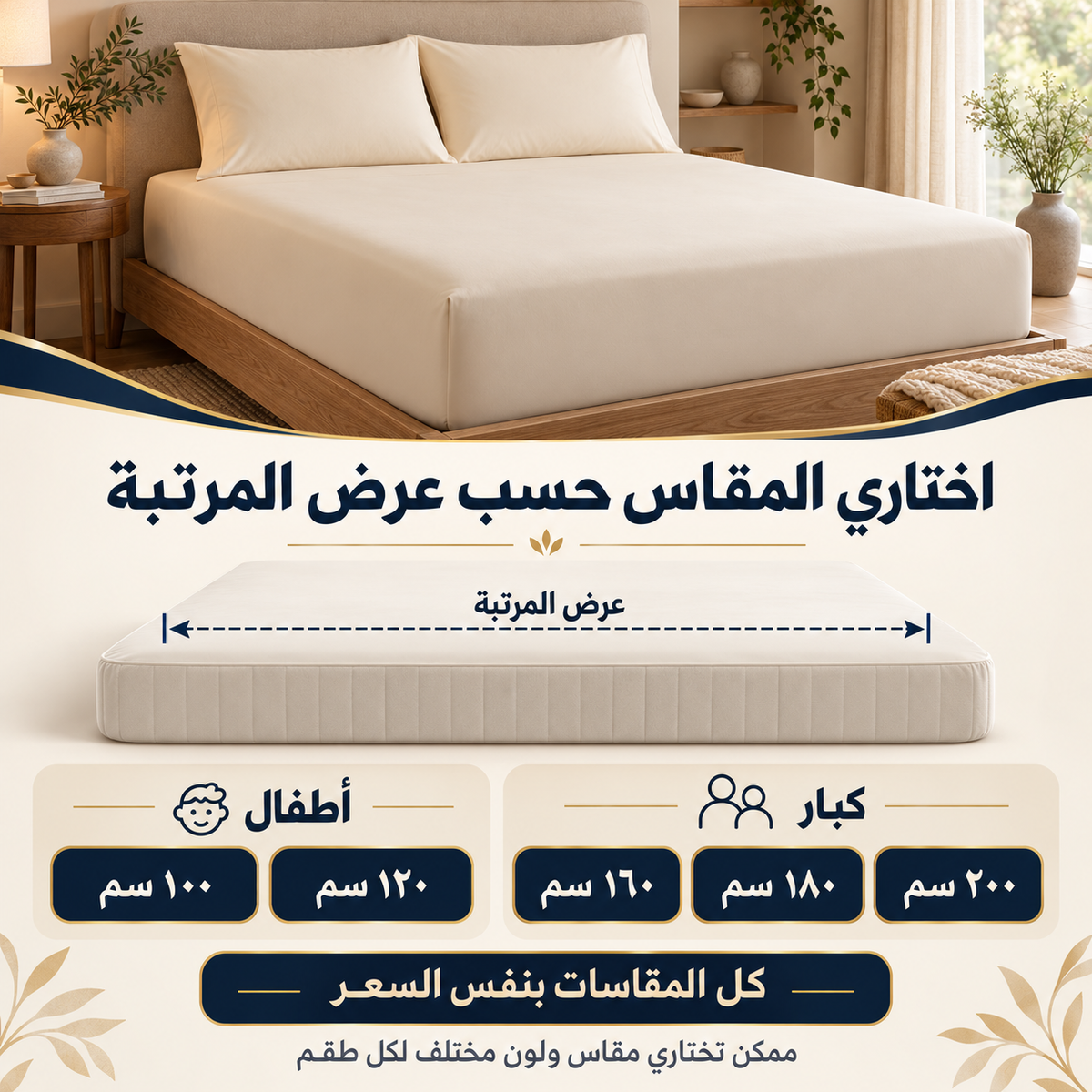 دليل اختيار مقاس الملاية حسب عرض المرتبة: 100 و120 أطفال، 160 و180 و200 كبار